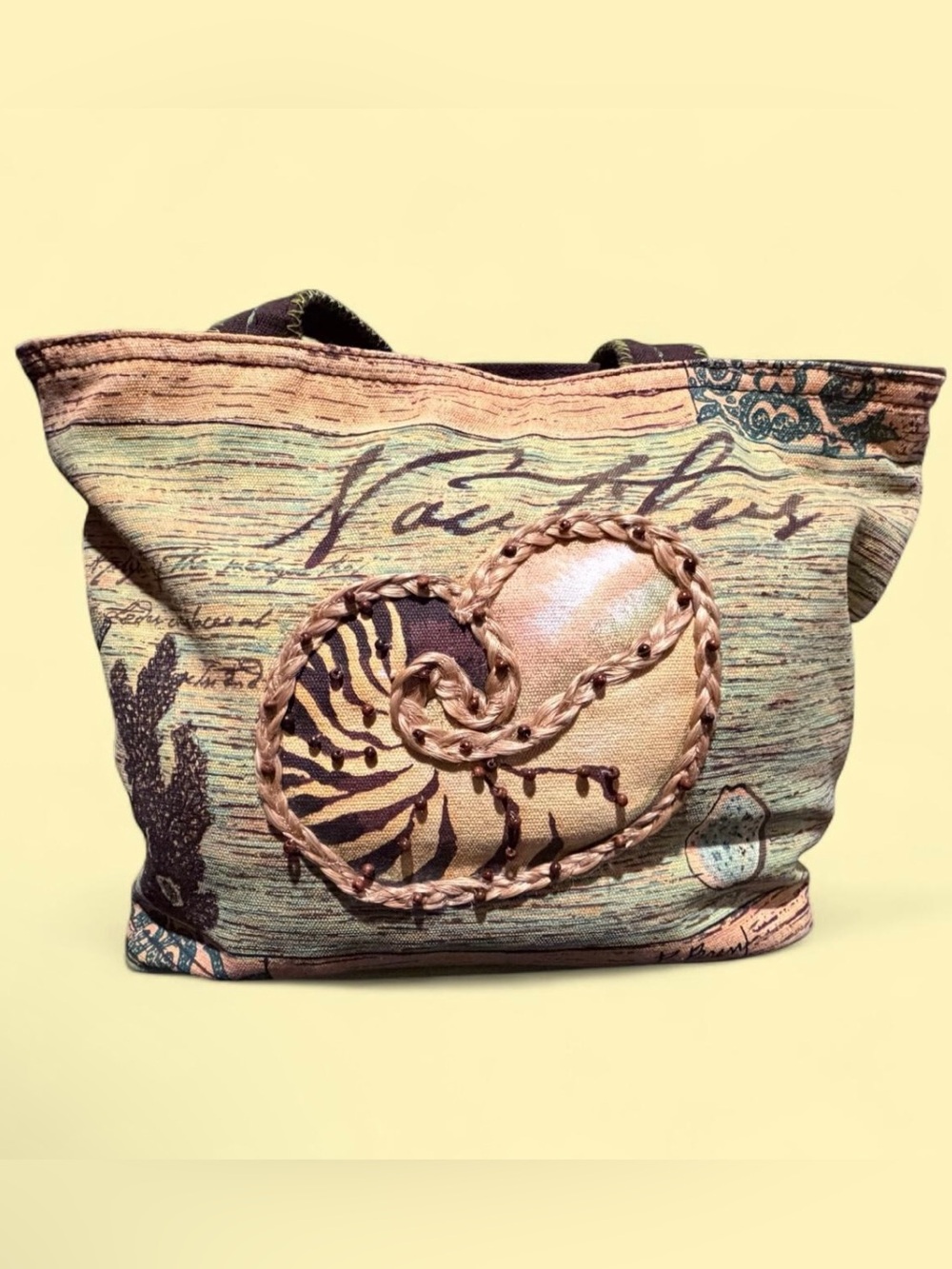 PAUL BRENT NAUTILUS SEASHELL CANVAS TOTE  PURSE TOTE BEACH BAG SUNNSAND